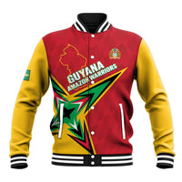 Red and yellow cricket baseball jacket with button front, striped rib collar, team graphic