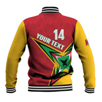 Back of red and yellow baseball jacket with number 14 and multicolor lightning team emblem
