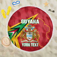 Red round cricket beach blanket with fringe edge, Guyana crest, map outline, and 'YOUR TEXT'.