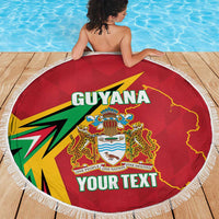 Red round cricket beach blanket with fringe edge, Guyana crest and 'YOUR TEXT' text design.