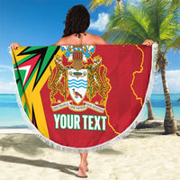Red round cricket beach blanket with fringe edge, Guyana crest, map outline, and 'YOUR TEXT'.