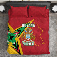 Red Guyana-themed bedding set with map, crest, and custom text on duvet and pillows