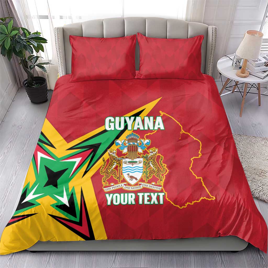 Red Guyana bedding set with matching pillowcases; Guyana map, crest, and custom text