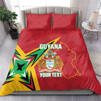 Red Guyana bedding set with matching pillowcases; Guyana map, crest, and custom text