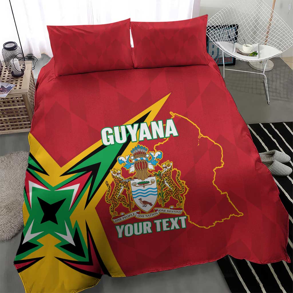 Red Guyana duvet set with crest and map; bold green-yellow burst and custom text