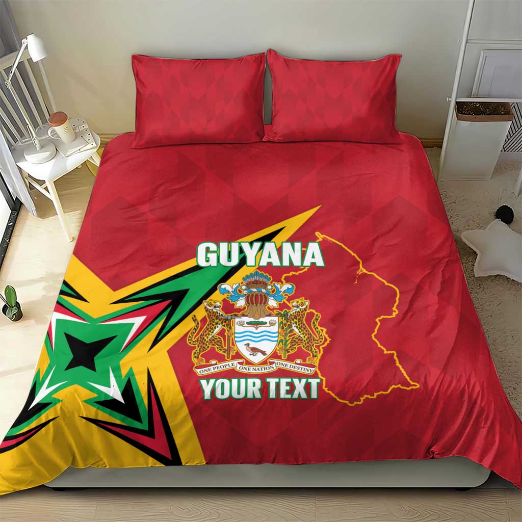 Red Guyana bedding set with crest, outlined map, and custom text across duvet and pillows