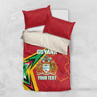 Red Guyana bedding set with crest, map outline, and custom text; includes two red pillowcases