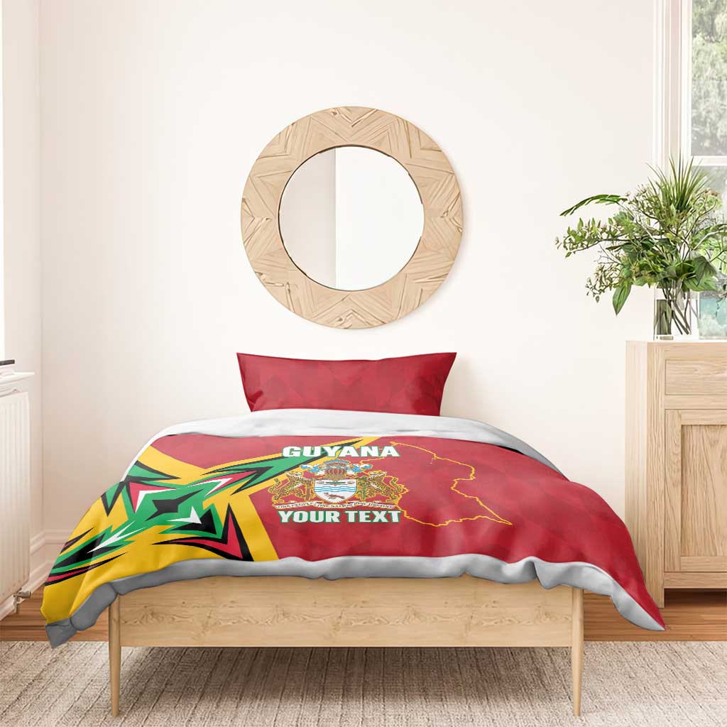 Red Guyana duvet with crest and outlined map; custom text over green-yellow burst graphic