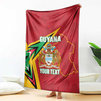 Red Guyana cricket blanket with crest and YOUR TEXT, fully shown upright
