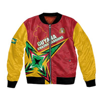Unisex cricket bomber jacket, red/yellow with black ribbed cuffs, front zip, logo graphic