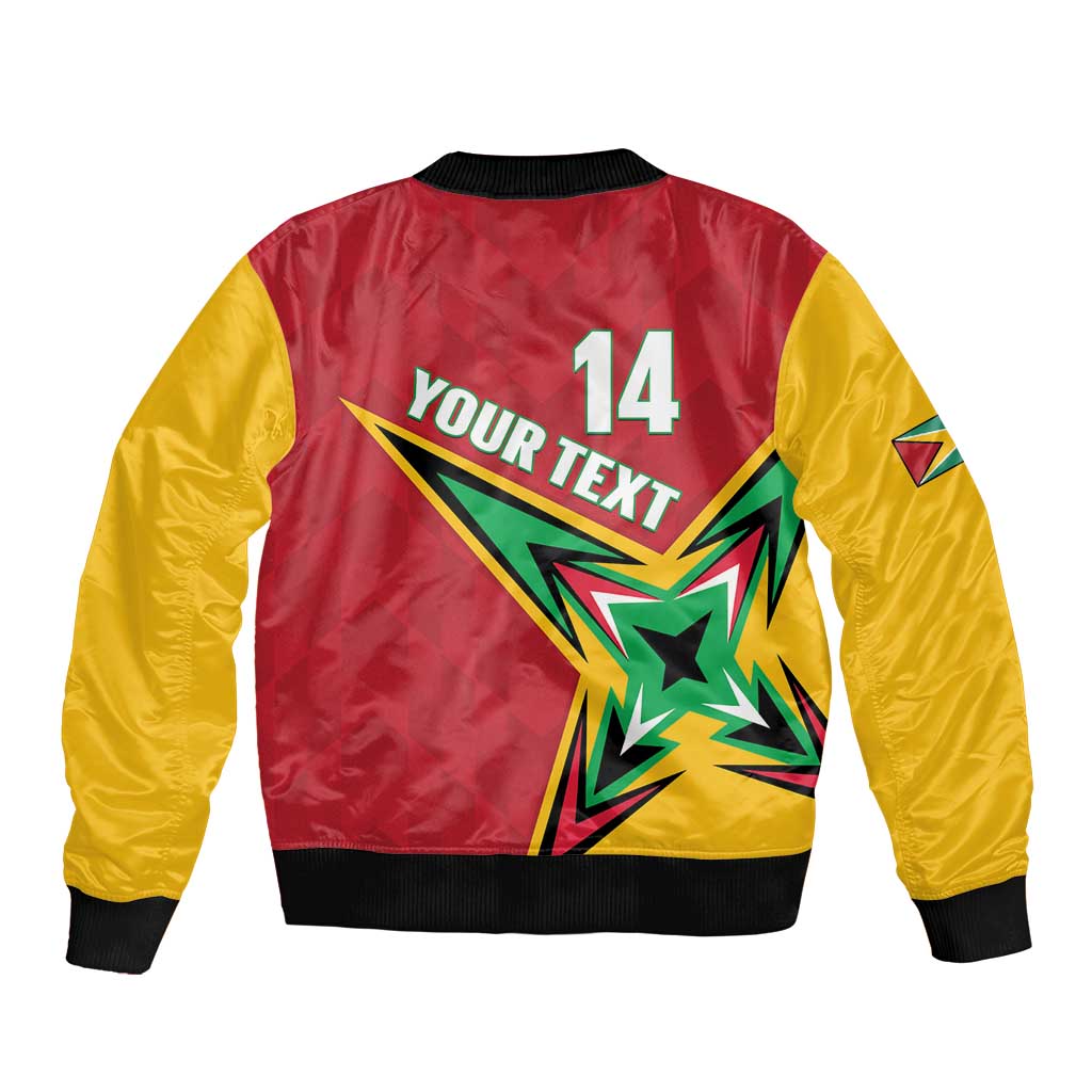 Unisex cricket bomber jacket back, red with yellow sleeves, black ribbed hem, 14 and star graphic