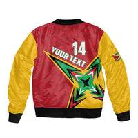 Unisex cricket bomber jacket back, red with yellow sleeves, black ribbed hem, 14 and star graphic