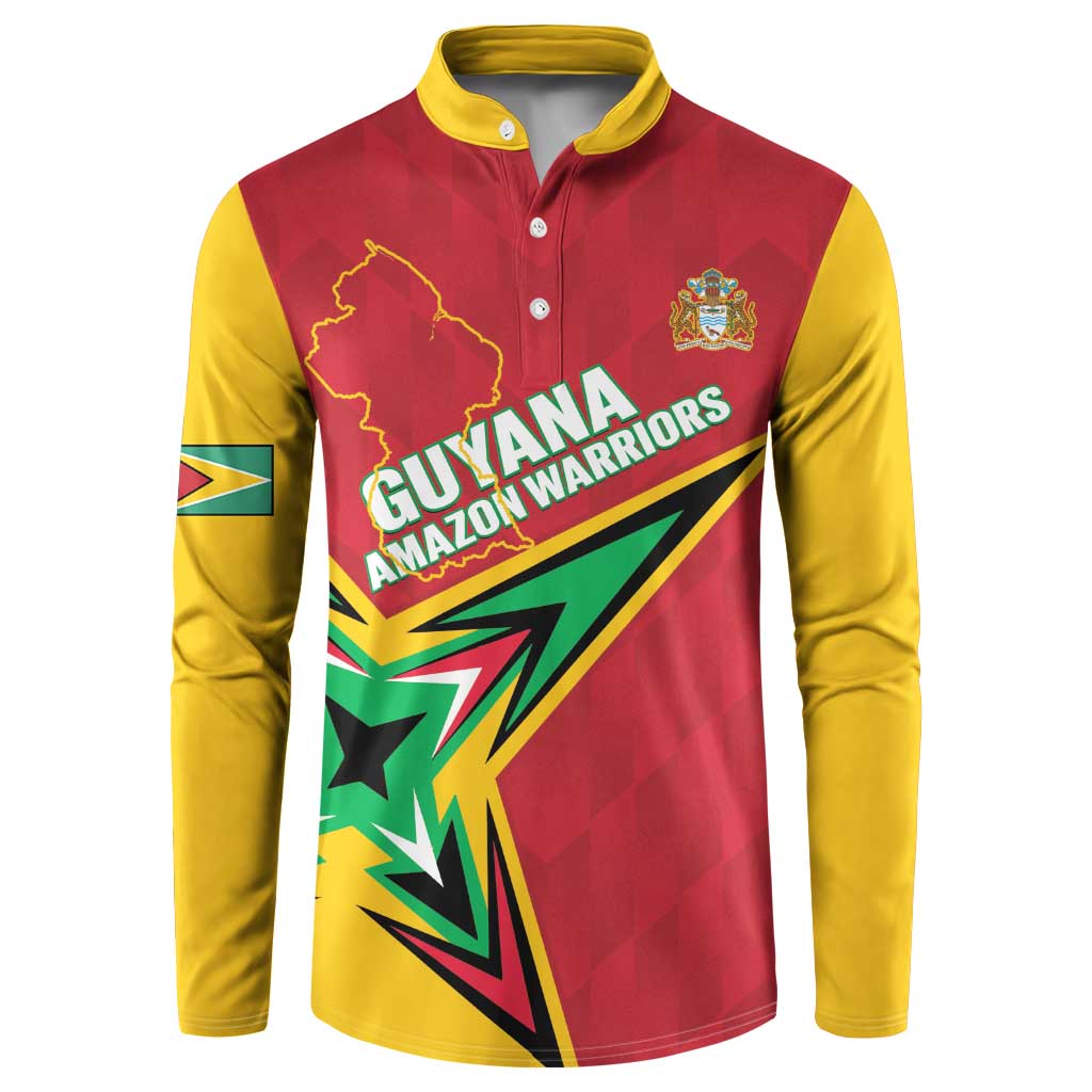 Red and yellow cricket button sweatshirt with Guyana Amazon Warriors graphic and crest.