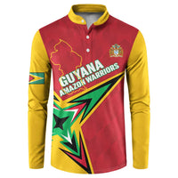 Red and yellow cricket button sweatshirt with Guyana Amazon Warriors graphic and crest.