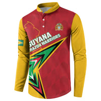 Red and yellow cricket button sweatshirt with Guyana Amazon Warriors logo and crest.