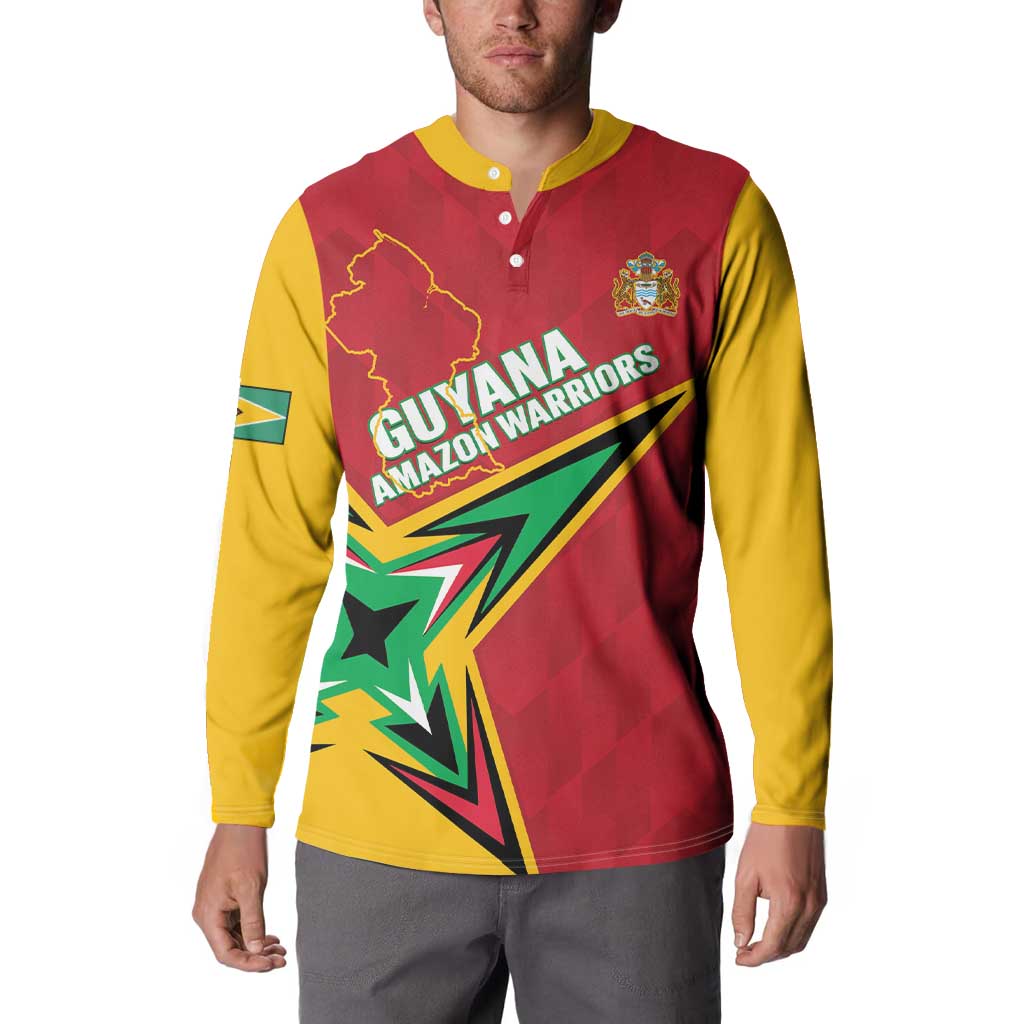 Red and yellow cricket button sweatshirt with Guyana Amazon Warriors graphic and crest.