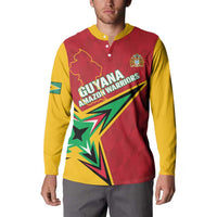 Red and yellow cricket button sweatshirt with Guyana Amazon Warriors graphic and crest.