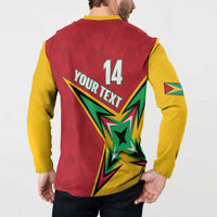 Red and yellow cricket button sweatshirt back panel with “YOUR TEXT” and number 14.