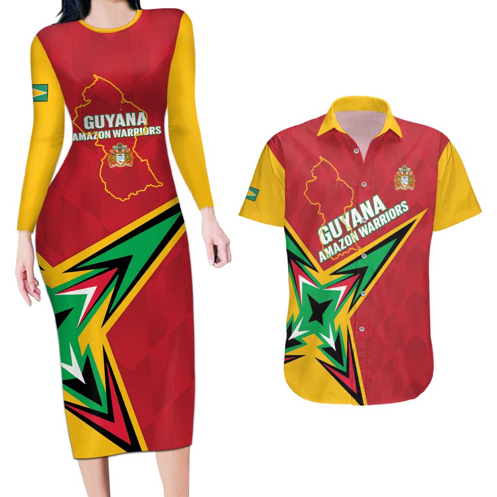 Custom Guyana Cricket Couples Matching Long Sleeve Bodycon Dress and Hawaiian Shirt Go Champions Amazon Warriors