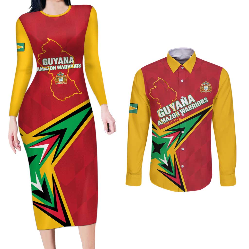 Custom Guyana Cricket Couples Matching Long Sleeve Bodycon Dress and Long Sleeve Button Shirt Go Champions Amazon Warriors