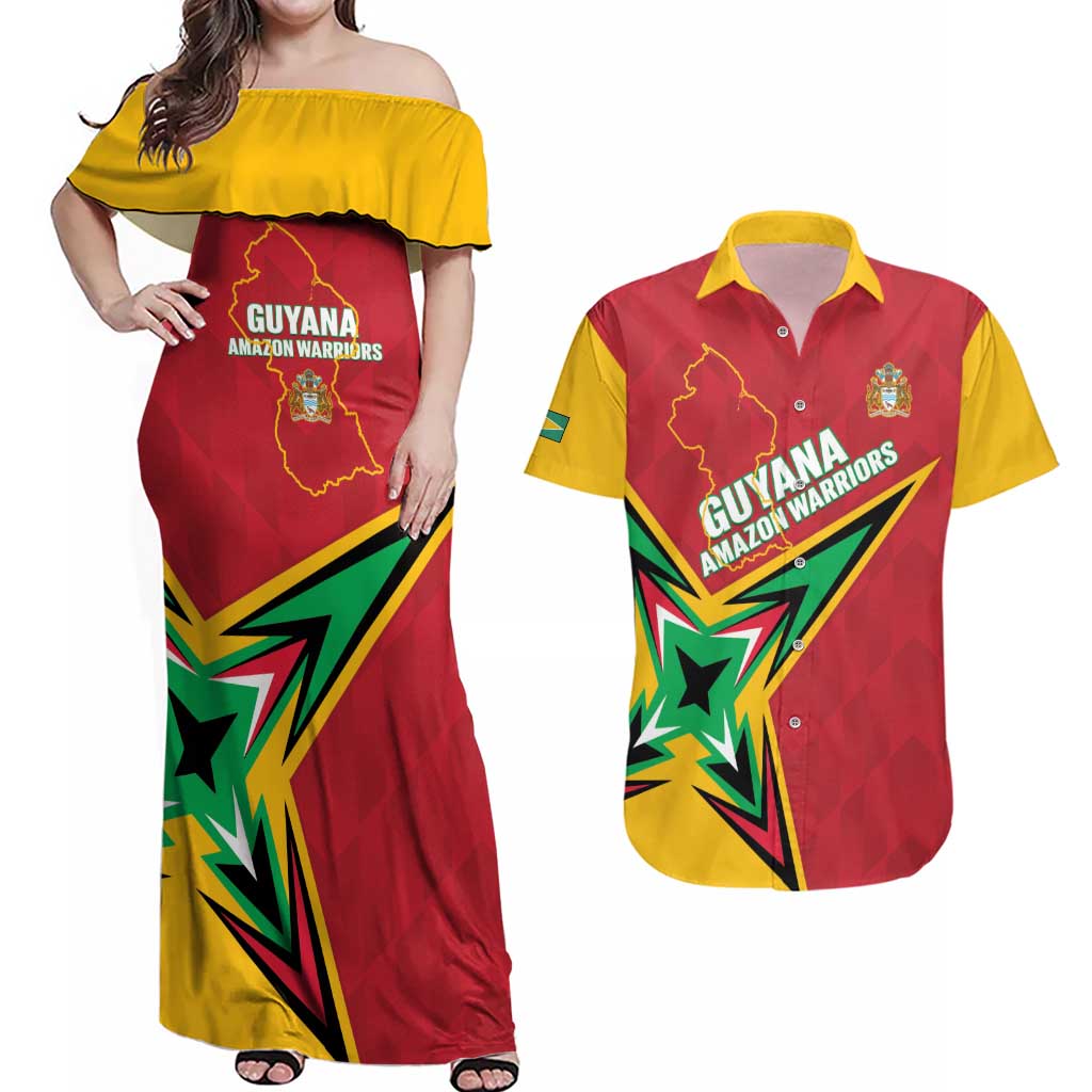 Custom Guyana Cricket Couples Matching Off Shoulder Maxi Dress and Hawaiian Shirt Go Champions Amazon Warriors