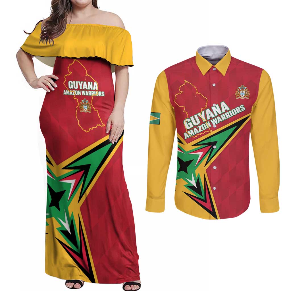 Custom Guyana Cricket Couples Matching Off Shoulder Maxi Dress and Long Sleeve Button Shirt Go Champions Amazon Warriors