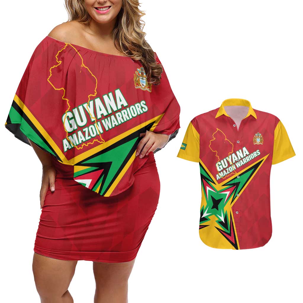 Custom Guyana Cricket Couples Matching Off Shoulder Short Dress and Hawaiian Shirt Go Champions Amazon Warriors