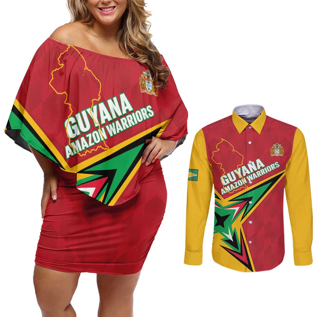 Custom Guyana Cricket Couples Matching Off Shoulder Short Dress and Long Sleeve Button Shirt Go Champions Amazon Warriors