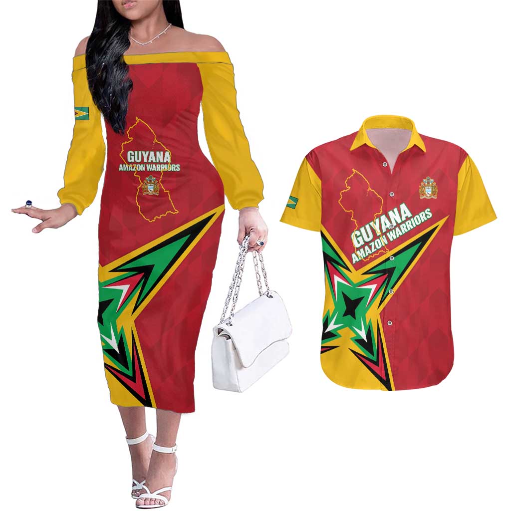 Custom Guyana Cricket Couples Matching Off The Shoulder Long Sleeve Dress and Hawaiian Shirt Go Champions Amazon Warriors