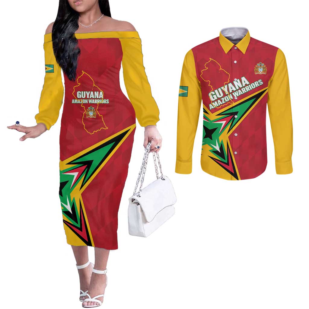 Custom Guyana Cricket Couples Matching Off The Shoulder Long Sleeve Dress and Long Sleeve Button Shirt Go Champions Amazon Warriors