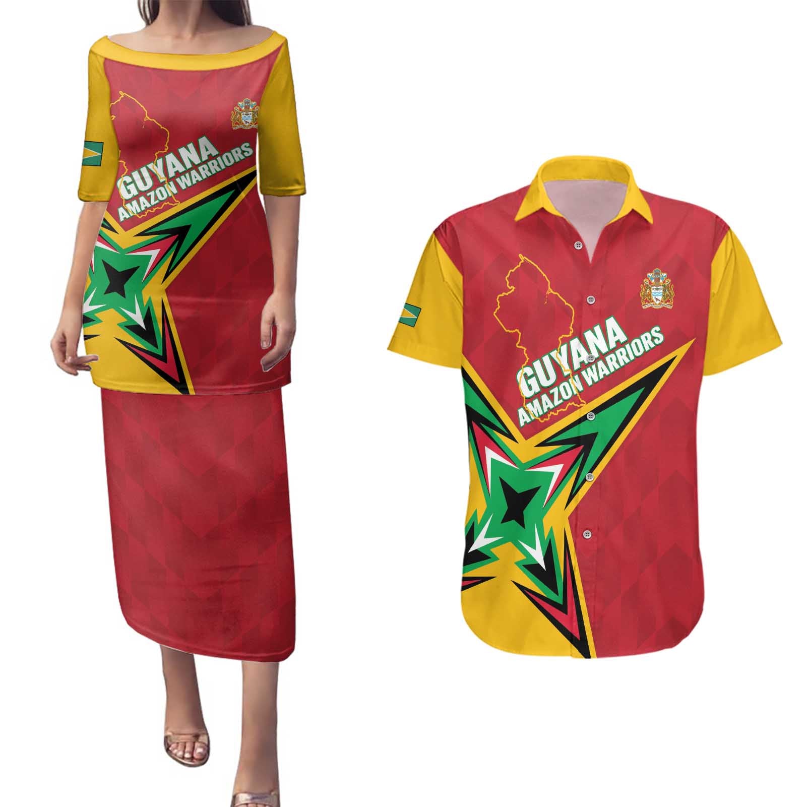 Custom Guyana Cricket Couples Matching Puletasi and Hawaiian Shirt Go Champions Amazon Warriors