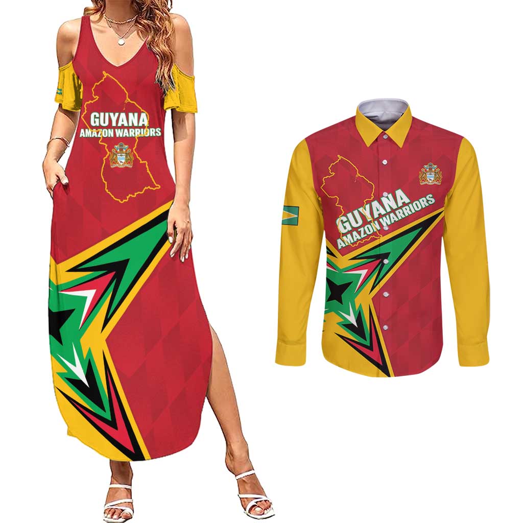 Custom Guyana Cricket Couples Matching Summer Maxi Dress and Long Sleeve Button Shirt Go Champions Amazon Warriors