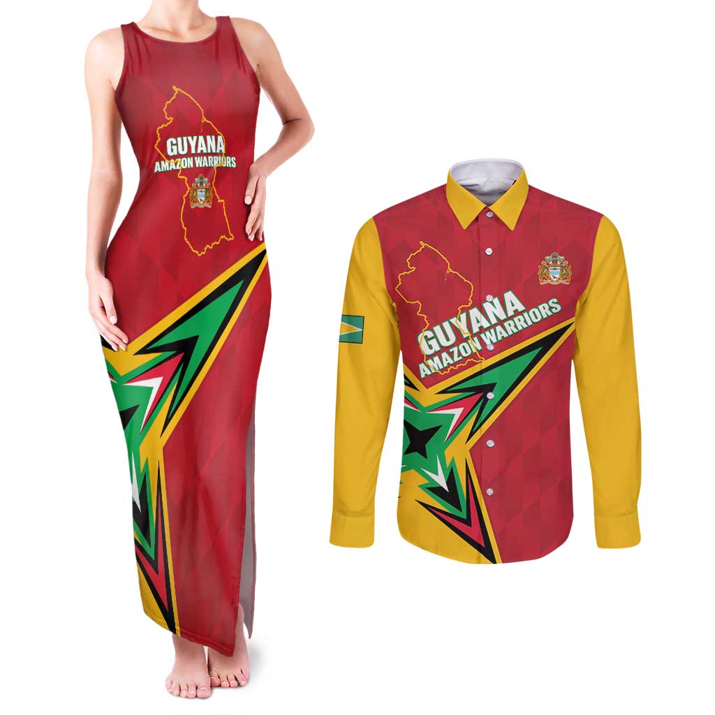 Custom Guyana Cricket Couples Matching Tank Maxi Dress and Long Sleeve Button Shirt Go Champions Amazon Warriors