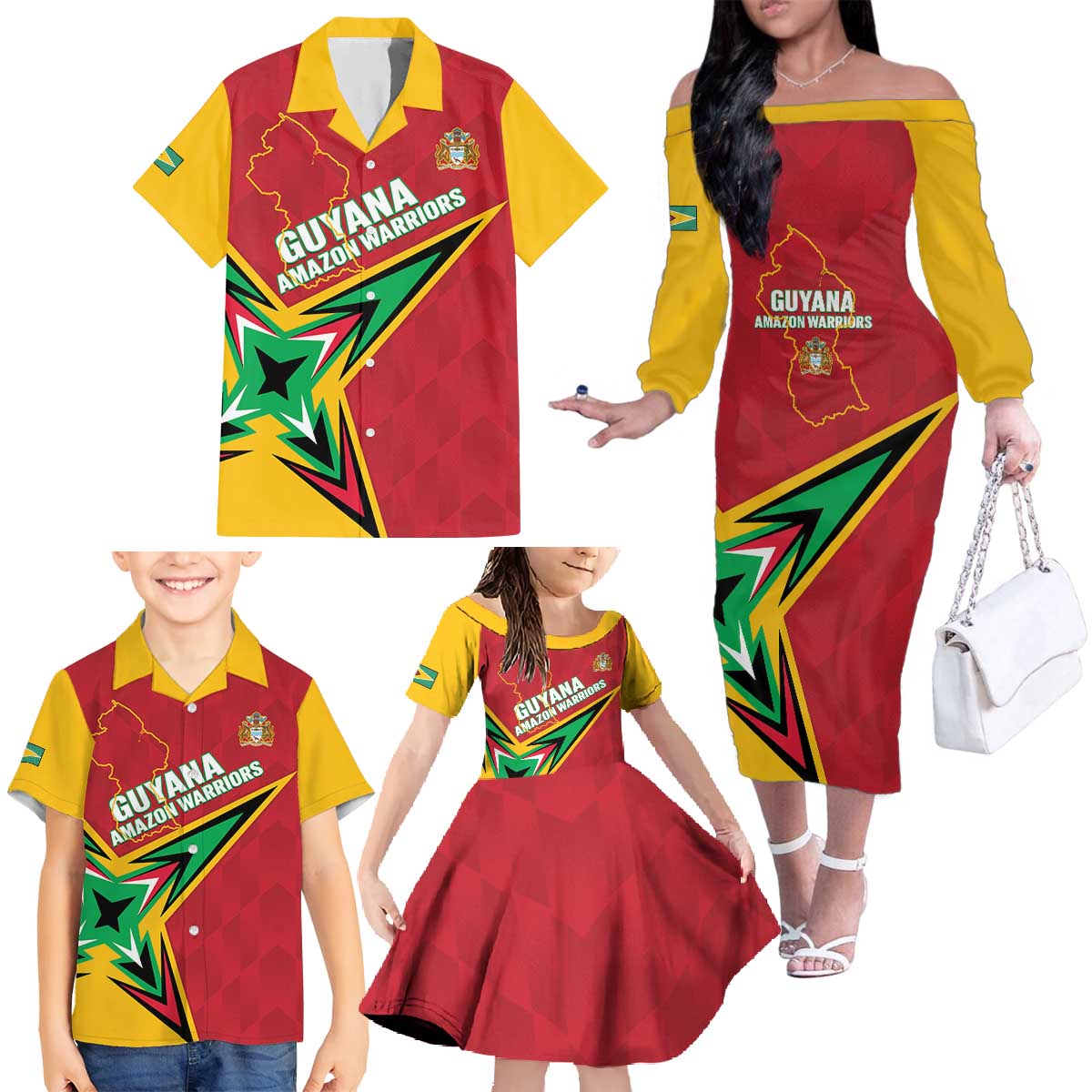 Custom Guyana Cricket Family Matching Off The Shoulder Long Sleeve Dress and Hawaiian Shirt Go Champions Amazon Warriors