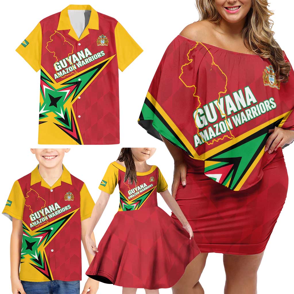 Custom Guyana Cricket Family Matching Off Shoulder Short Dress and Hawaiian Shirt Go Champions Amazon Warriors