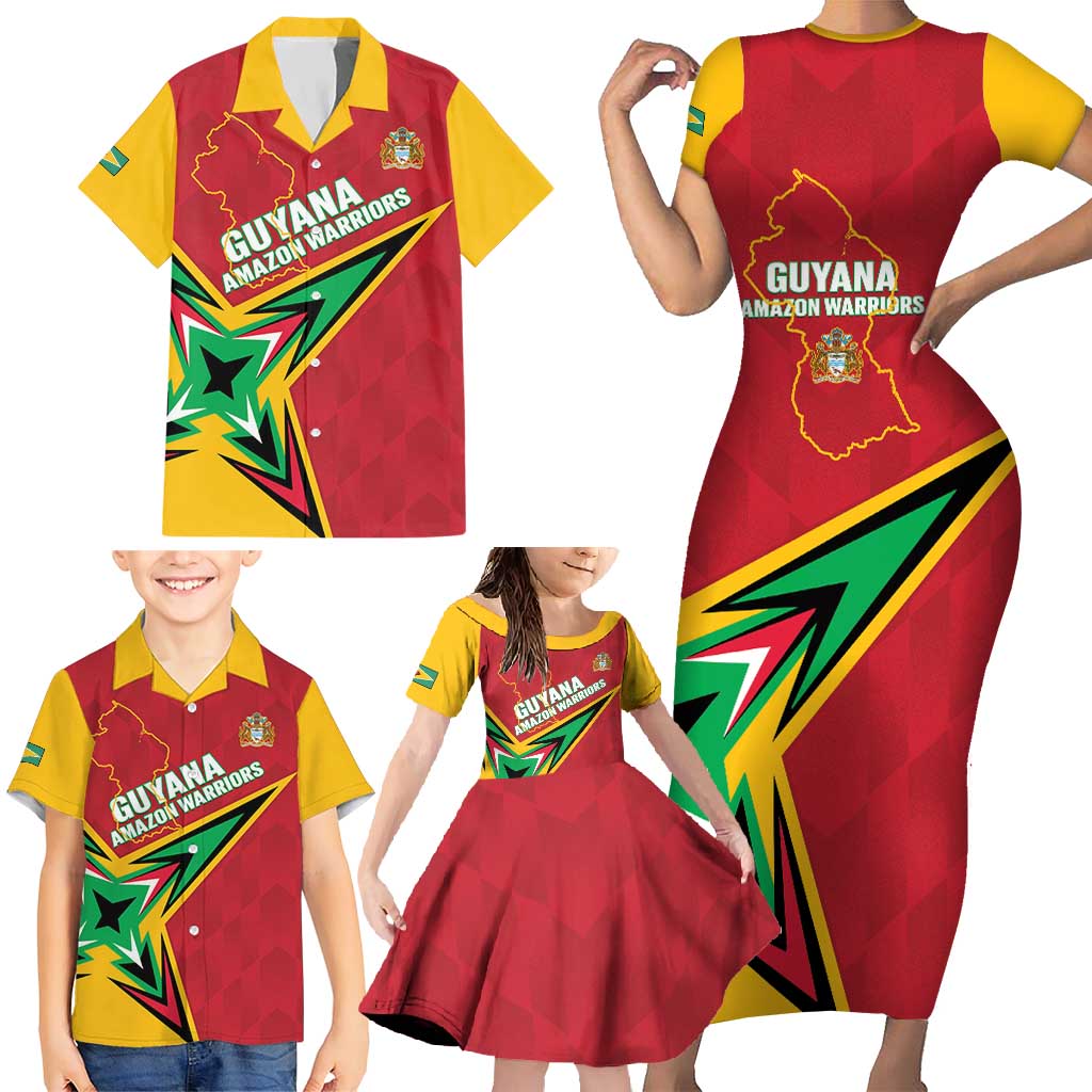 Custom Guyana Cricket Family Matching Short Sleeve Bodycon Dress and Hawaiian Shirt Go Champions Amazon Warriors