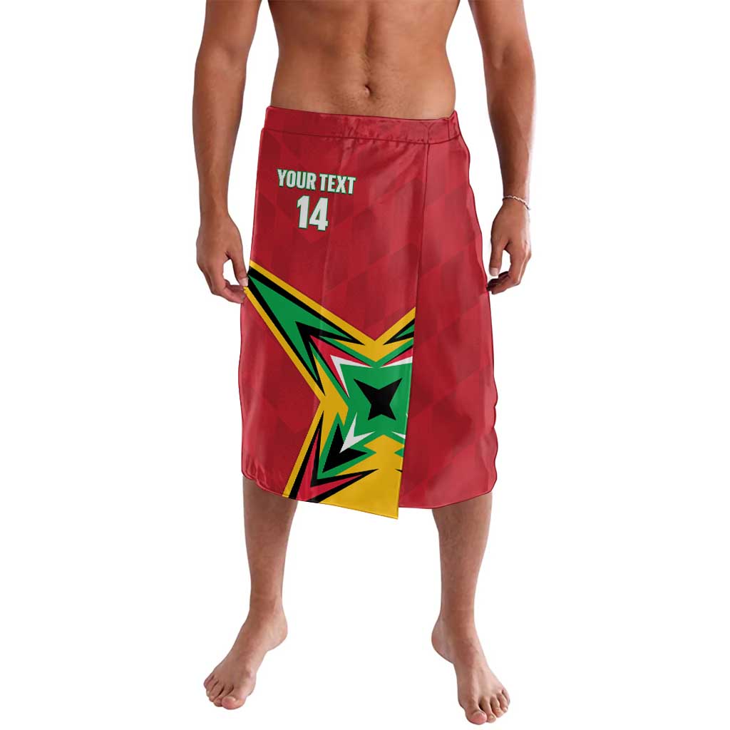 Red cricket lavalava shorts with green and yellow star graphic and number 14