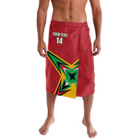 Red cricket lavalava shorts with green and yellow star graphic and number 14