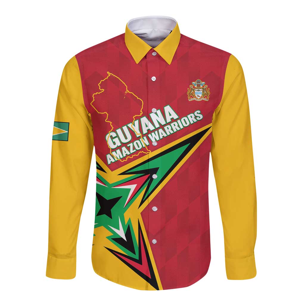 Long-sleeve button cricket shirt, red/yellow front with Guyana Amazon Warriors logo