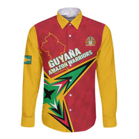 Long-sleeve button cricket shirt, red/yellow front with Guyana Amazon Warriors logo