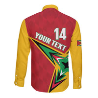Long-sleeve button cricket shirt, red back with yellow sides, 'YOUR TEXT' and 14