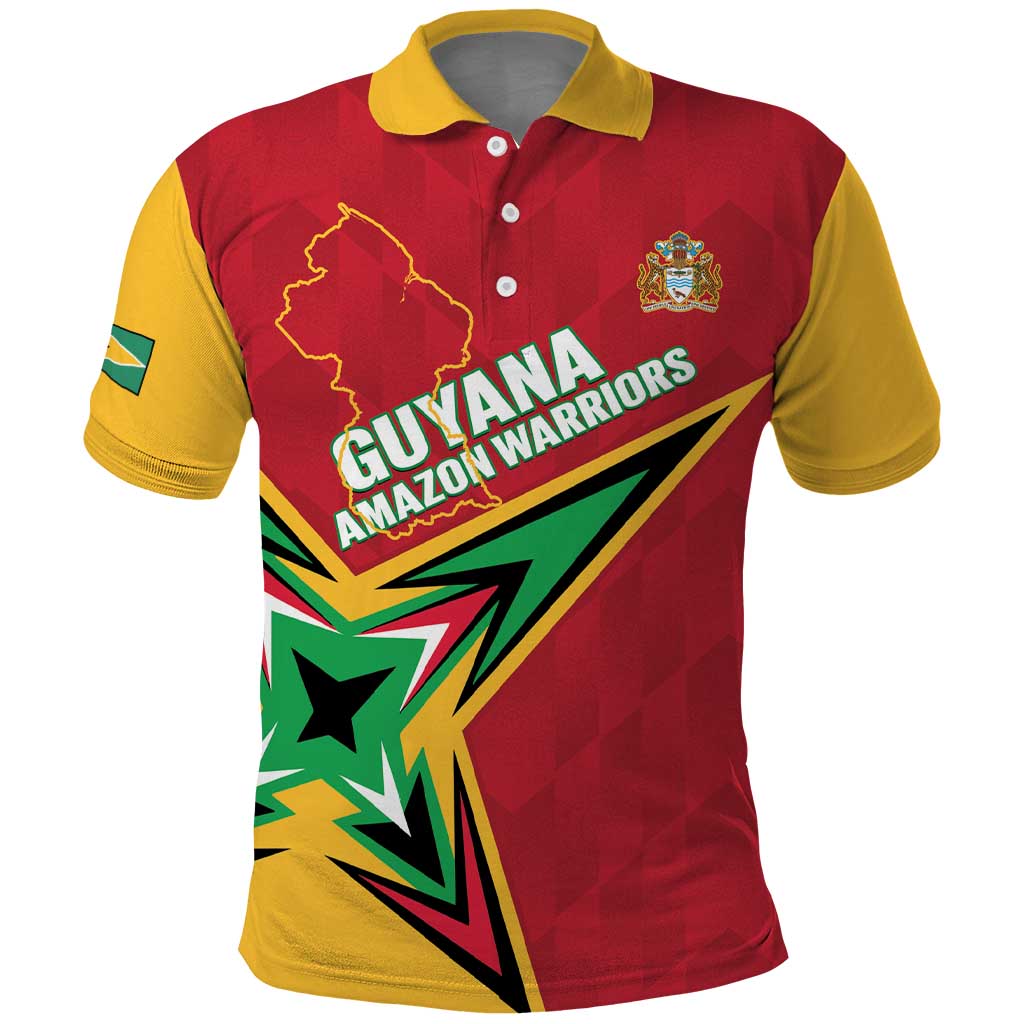 Red cricket polo with yellow collar and sleeves, front graphic Guyana map and Warriors logo