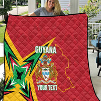 Red quilted Guyana cricket blanket with map, crest, and starburst design; custom text panel