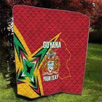Red quilt with Guyana word, crest and map outline plus starburst graphic; custom text