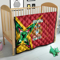 Red quilted blanket for baby crib with Guyana map, crest, starburst and custom text