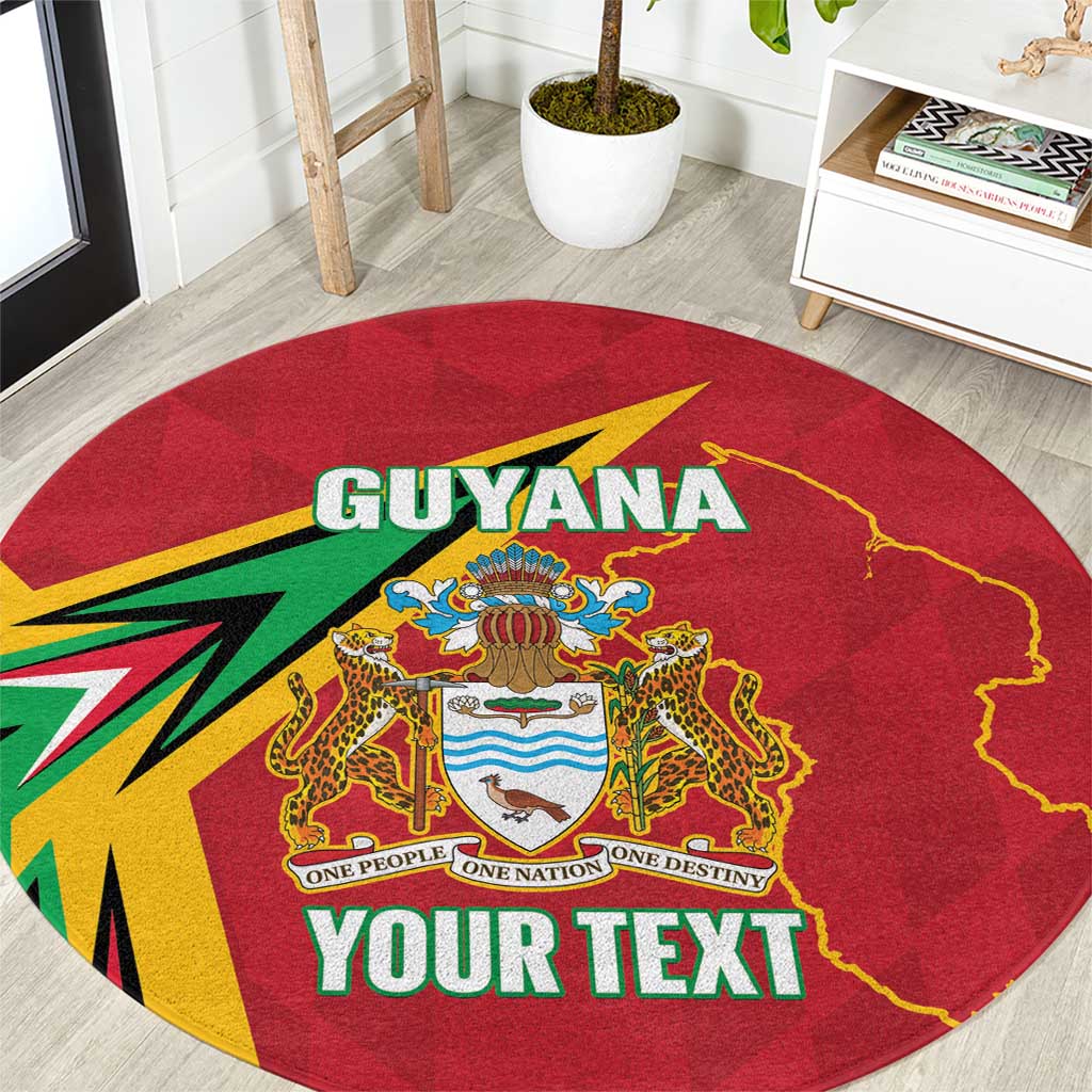 Red round carpet with Guyana crest, lightning graphic and 'YOUR TEXT' lettering
