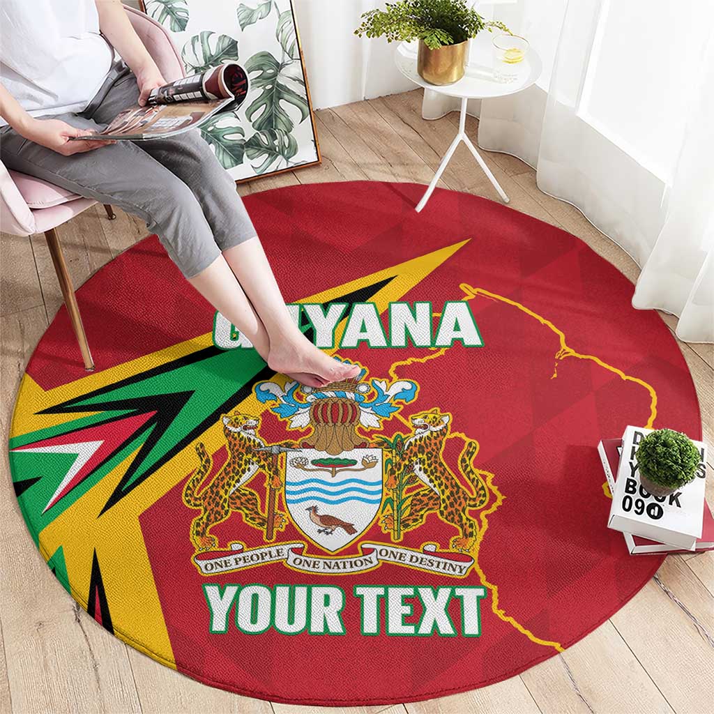 Red round carpet with Guyana crest and lightning design, showing 'YOUR TEXT'