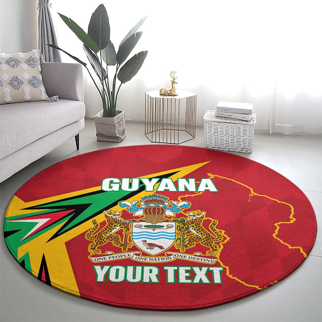 Red round carpet with Guyana crest centered and 'YOUR TEXT' text across it