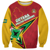 Red and yellow cricket sweatshirt, front Guyana Amazon Warriors graphic, crew neck