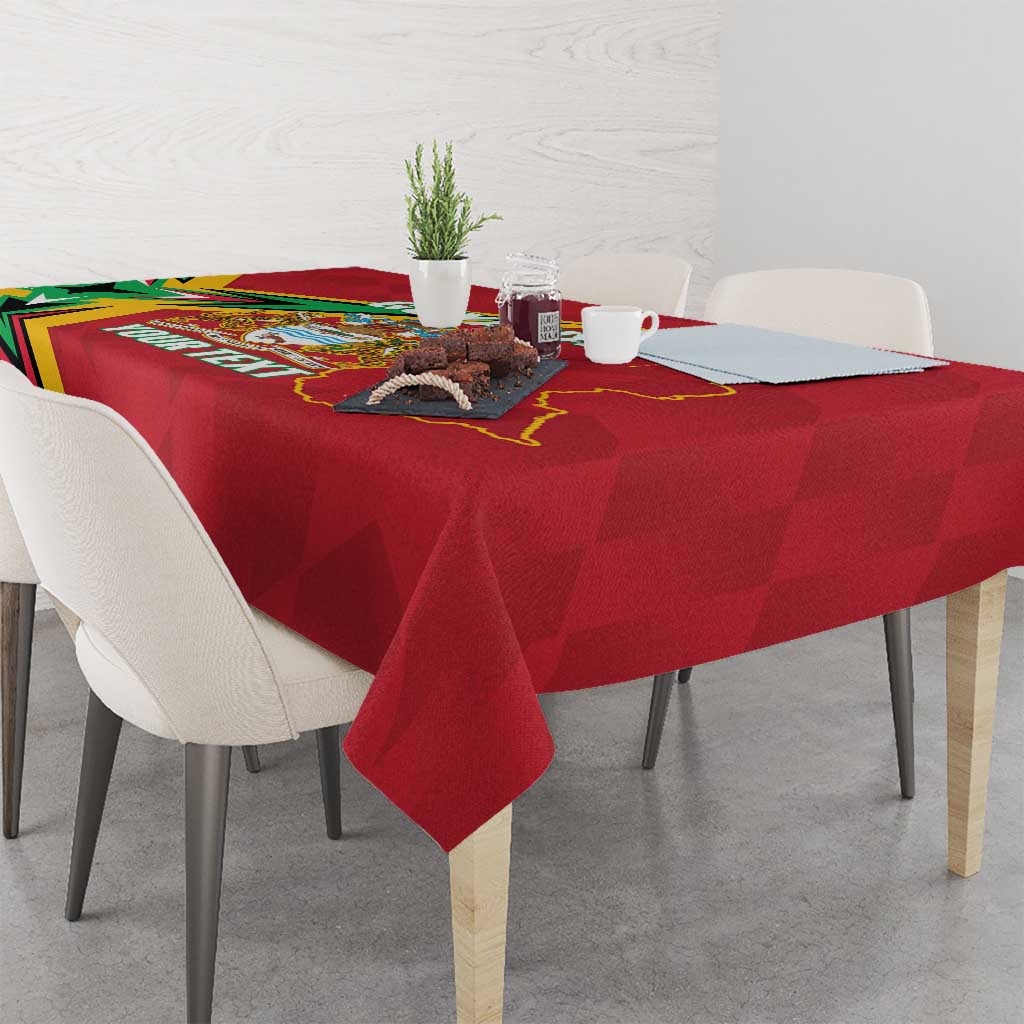 Red Guyana cricket tablecloth draped on dining table with crest and “YOUR TEXT”